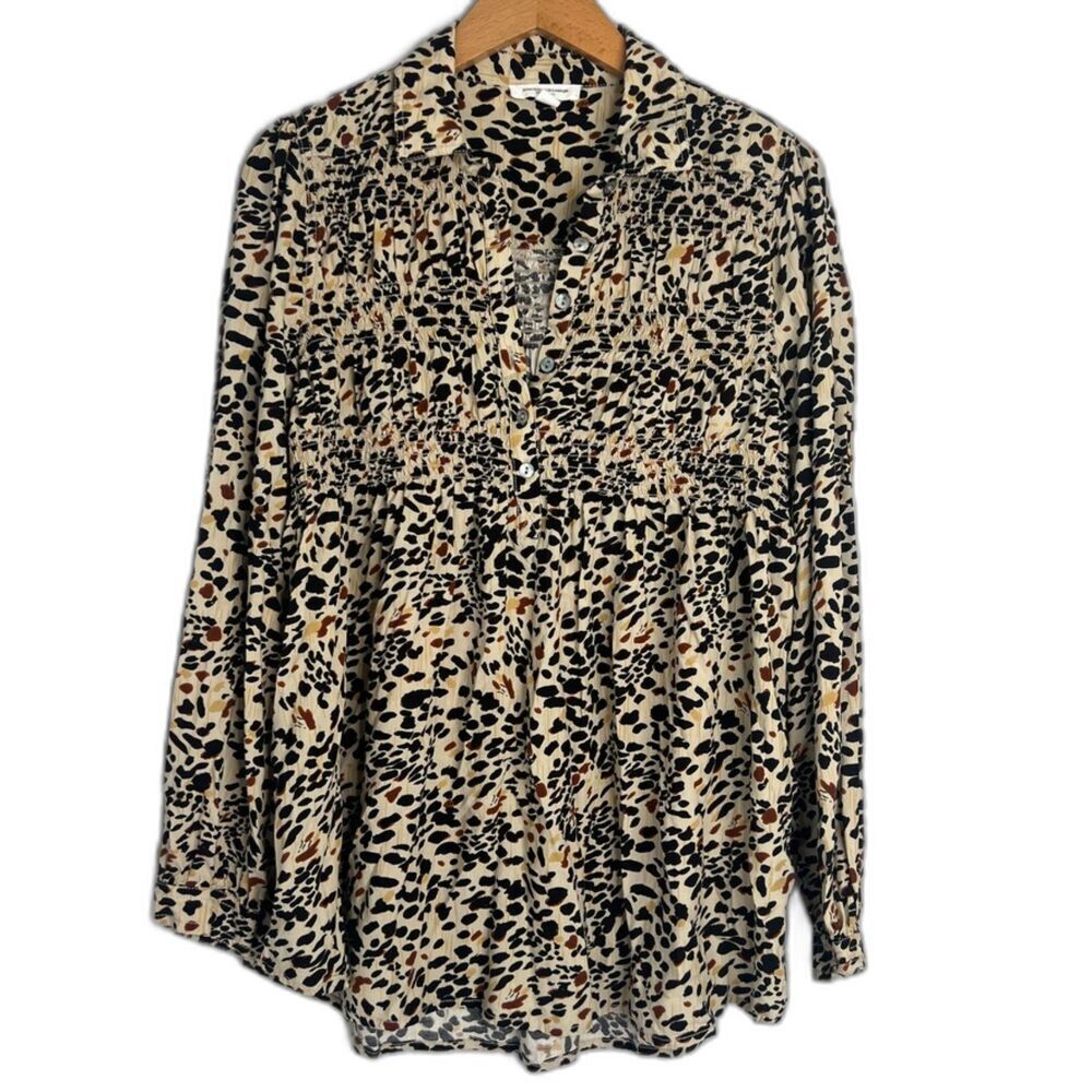 Beach Lunch Lounge Animal Print Smocked Bodice‎ Long Sleeve Blouse Sz SM